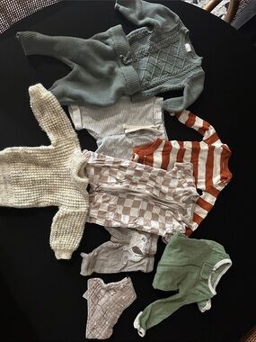 Mixed Baby Clothing Bundle - Green, Cream, Rust Stripes